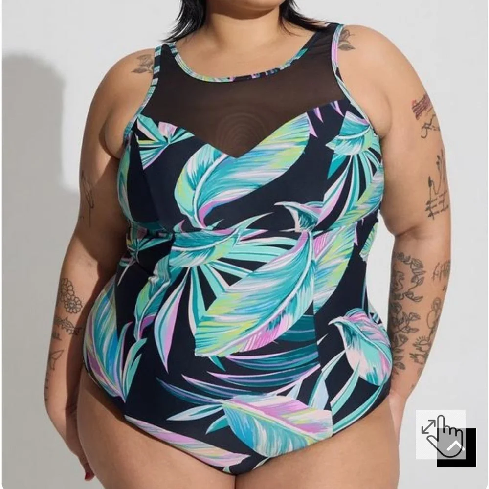 torrid Wireless Mesh High Neck One Piece Swimsuit - Pretty Summer Leaves, Sz. 18